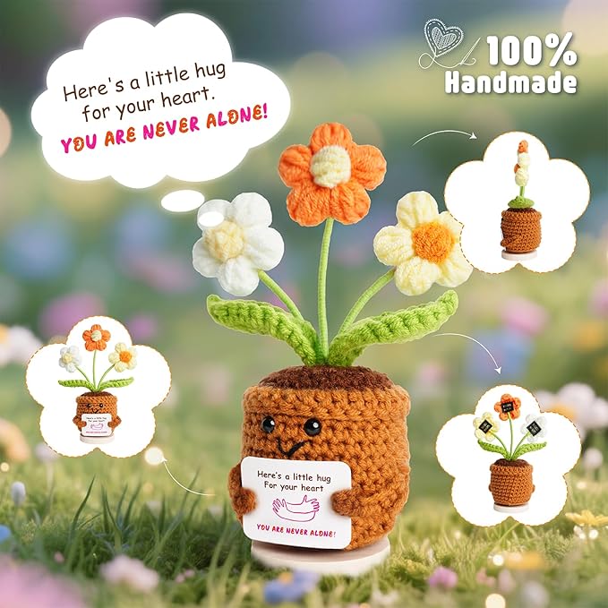 penzoos Emotional Support Plant, Handmade Crochet Potted Flower with Inspirational Message Card, Orange & White Knitted Daisy, Stress Relief Gift for Friends, Family, and Coworkers