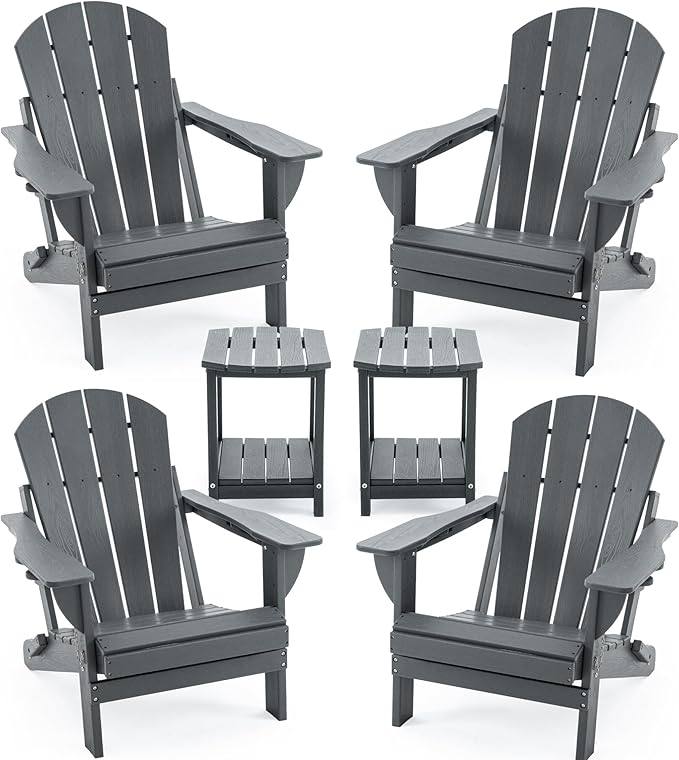 Folding Adirondack Chair Set with Side Table – HDPE Outdoor Patio Weatherproof Chairs with Reclining Back, Cup Holder, 2-Tier Storage End Table for Firepit or Garden (Grey, 4 Chairs &2 Tables)