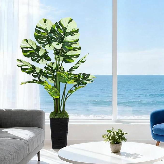 5FT Artificial Monstera Plant with Tall Black Planter and Thread Moss, Realistic Faux Floor Tree with Large White Leaves for Indoor Outdoor Office Porch Living Room Corner Home Decor
