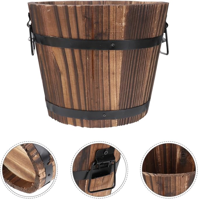 Wooden Barrel Flower Pot - Rustic Planter for Indoor & Outdoor Use with Drainage Holes - 7 Inch Brown Planter for Decorative Plants & Vegetables