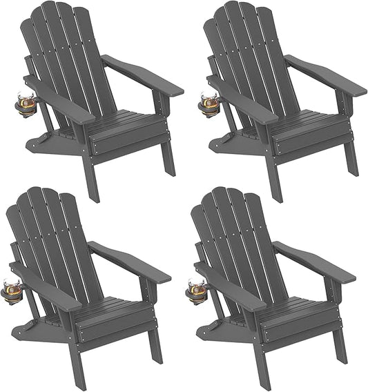 FOOWIN HDPE Adjustable Adirondack Chair Set of 4, 400lbs Heavy Duty Folding Patio Chairs with Cup Holder, 3-Position Reclining Fire Pit Seating, All-Weather Poly Lumber for Backyard, Deck - Grey