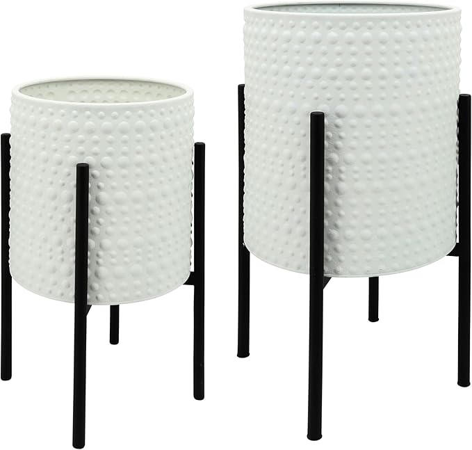 Decorative Flower Pots with Metal Stand for Home Decor - Modern Planters for Hallway, Entryway, and Living Room Decor - Indoor and Outdoor Pots for Plants - Set of 2, 23", 19", White & Black