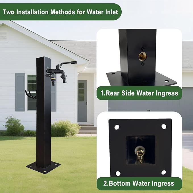 Outdoor Vertical Garden Water Column, Square Freestanding Hose Stand with 2 in 1 Double Brass Faucet, Freeze Proof Vertical Water Hydrant for Exterior Patio Backyard and Lawn