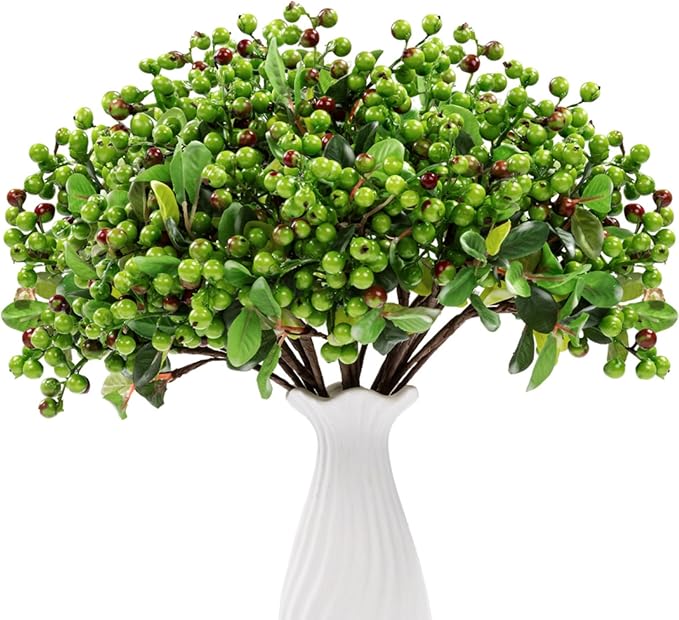 SHACOS Artificial Green Berry Stems 20 PCS Pack Fake Berries Branches Spray with Green Leaves 9.8 inch Small Berry Picks for Christmas Decorations Crafts Holiday Home Decor, Green
