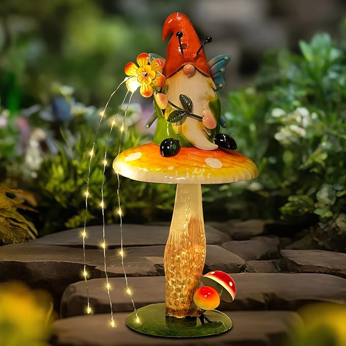 Solar Garden Gnome Figurine, Waterproof Outdoor Mushroom Decor with Solar Outdoor Lights for Yard, Patio, Lawn Ornaments, Ideal Gifts for Mom Grandma Women, Housewarming Gifts-16.5"