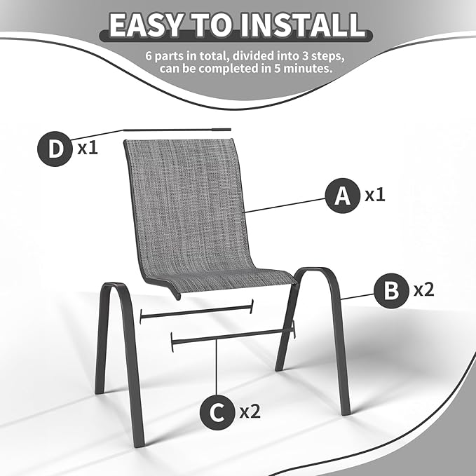 Patio Dining Chairs Set of 8, Outdoor High Stacking Chairs，Breathable Seat Fabric and Alloy Steel Frame for Backyard, Porch, Garden, Sunroom (Light Grey)