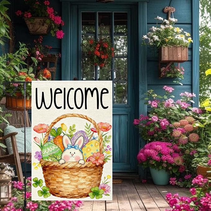 Welcome Spring Garden Flag Easter Bunny with Eggs Garden Flags 12x18 Inch Double Sided Burlap and Flowers Outdoor Decoration