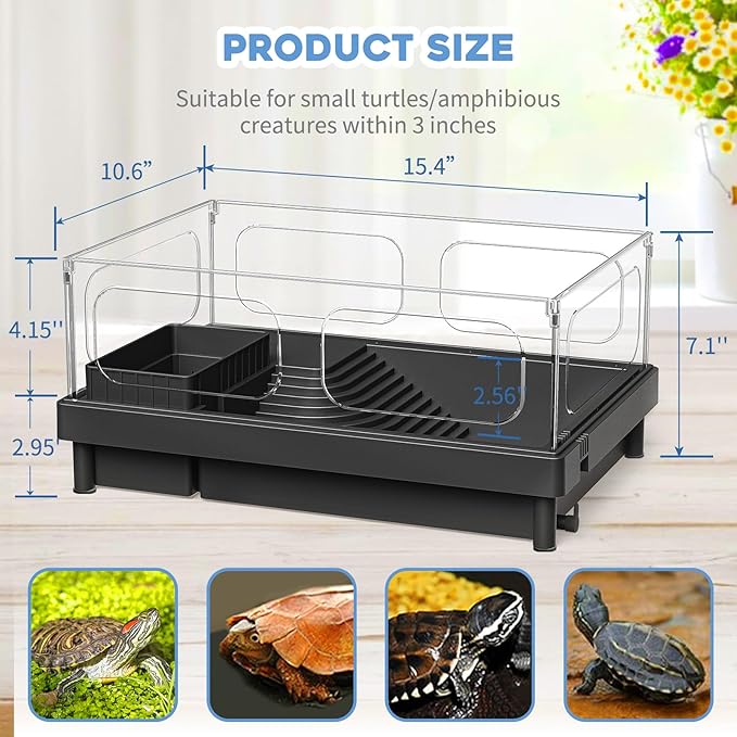 MoonOrange Small Turtle Tank Kit, Acrylic Turtle Tank Starter Kit with Basking Platform, Bottom Drainage, Multi-Function Areas for Turtles, Crabs, Crayfish, Small Reptiles. (Black Kit)