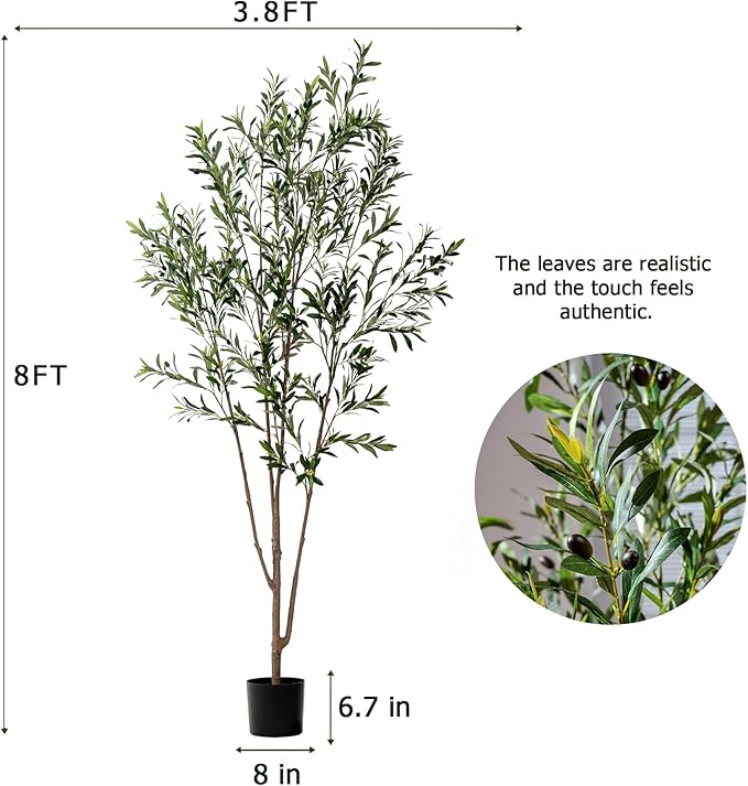 Erimda 8FT Artificial Olive Tree Tall Faux Silk Plant Tall Faux Olive Tree with Natural Wood Trunk & Lifelike Fruits Fake Potted Tree or Home Office Decor