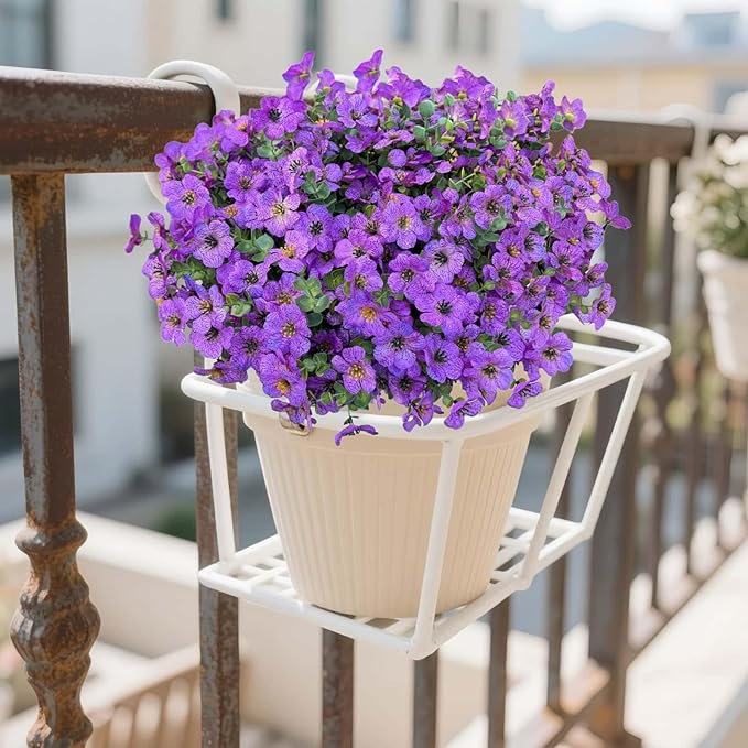 XccJLYB Artificial Flowers Outdoor UV Resistant Fake Plants, 12 Bundles Silk Daisy in Pots for Porch Patio Garden, Faux Potted Home Decor for Outside (Purple)