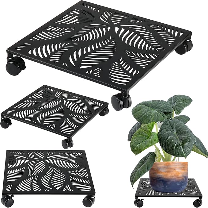 2-pack 12 Inches Square Metal Plant Caddy with Wheels Heavy Duty Large Rolling Plant Stand Indoor Outdoor Wheeled Planter Dolly Cart with Lockable Casters Flower Pot Mover Roller Trolley, Black