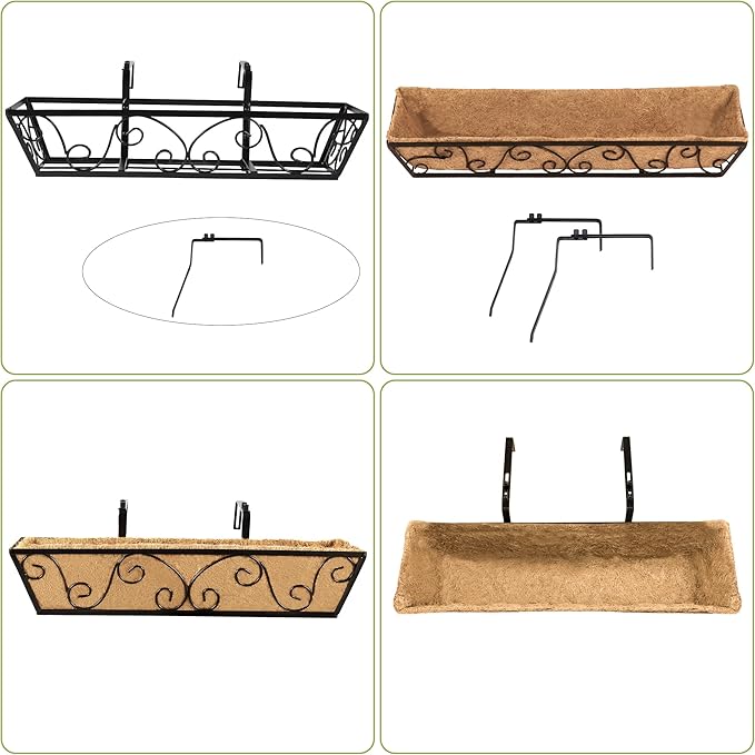 Y&M 24 Inch Window Deck with Coco Liner, Fence Metal Hanging Flower Planter Window Basket Deck Railing Planter Boxes for Outdoor Garden Lawn-Butterfly,6pcs