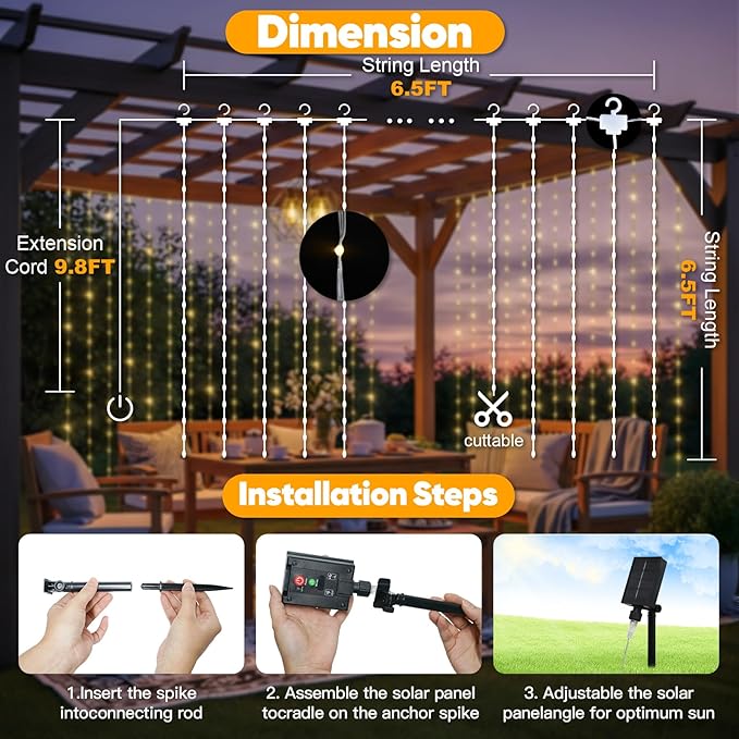 suddus Solar Tangle-Free Curtain Lights,200 LED Hanging Lights with Hook, Waterproof Window Lights for Christmas, Dorm, Wall, Backdrop, Window, Wedding, Party, Birthday Decor, Warm White