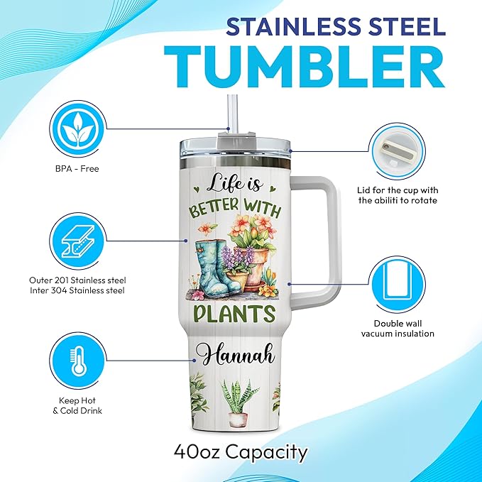 Hyturtle Personalized Plant Tumbler - Garden Lover Gift For Women - Gardening Gifts - Gifts For Gardener - Mothers Day Gifts For Gardener - Gardener Gifts - Travel Coffee Cup 40oz With Lid And Straw