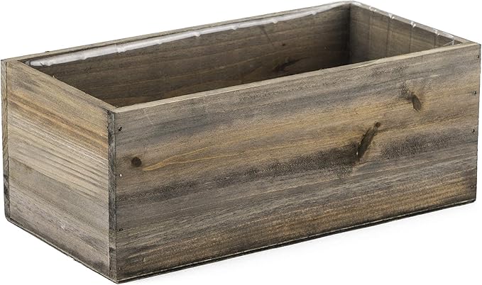 CYS EXCEL Small Natural Brown Wood Rectangle Planter with Removable Plastic Liner (H:4" Open:10"x5") Country Rustic Indoor Decorative Box for Flower Succulent