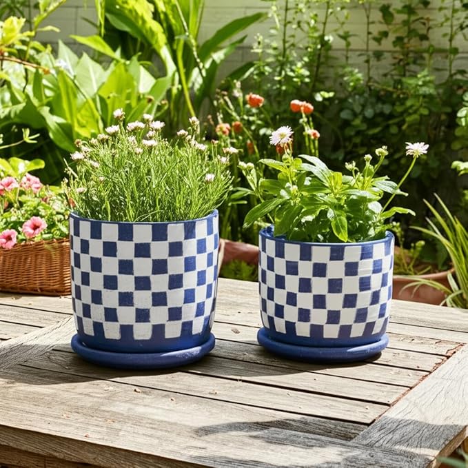 Ceramic Planters Set – Planters with Drainage for Healthy Roots, Indoor Planter and Patio Decor Placement, Checkered Design Accent for Modern Outdoor Home Decor – 6" and 5", Blue and White