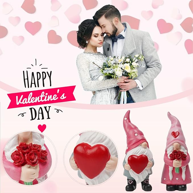 Gnomes Valentines Decorations Table Ornaments - 2 Pc Christmas Gnome Figurines Valentine's Day Decor Gifts for Him Resin Handmade Sweet Mr and Mrs Gnomes Decor for Home 5.25 H inch Newman House Studio