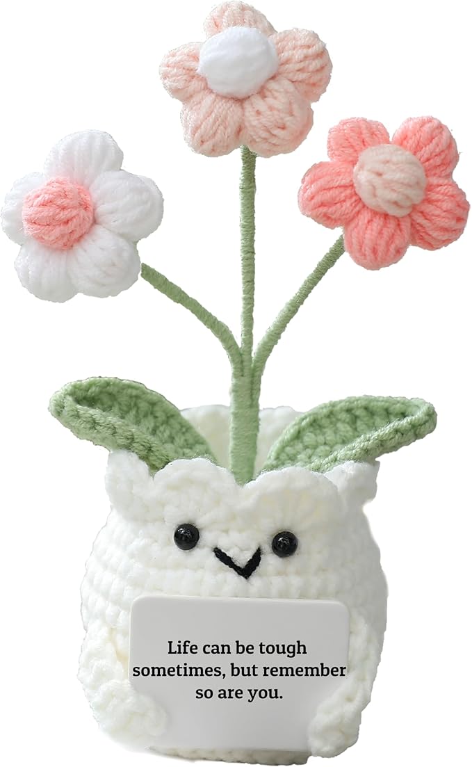 YOOJEE Mental Health Crochet Flower Pot, Positive Stress Relief Desk Decor with Card “Life Can Be Tough But So are You”, Handmade Emotional Support Gift