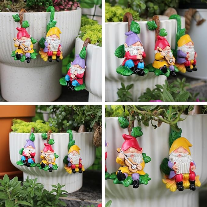 3 PCS Gnome Playing Music, Climbing Gnomes Tree Faces Decor Outdoor for Yard, Gnomes Statue, Outdoor Fairy Garden Resin Crafts, Flower Pot Landscape Dwarf, Micro Landscape Pendant Ornaments