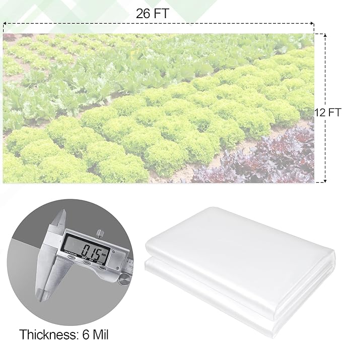 12 x 26 FT Clear Greenhouse Plastic Sheeting, 6 Mil Polyethylene Film Heavy Duty, Water Sun Frost Wind Dust Resistant Winter Hoop House Toughness Plastic Cover for Farming, Gardening, Agriculture, DIY