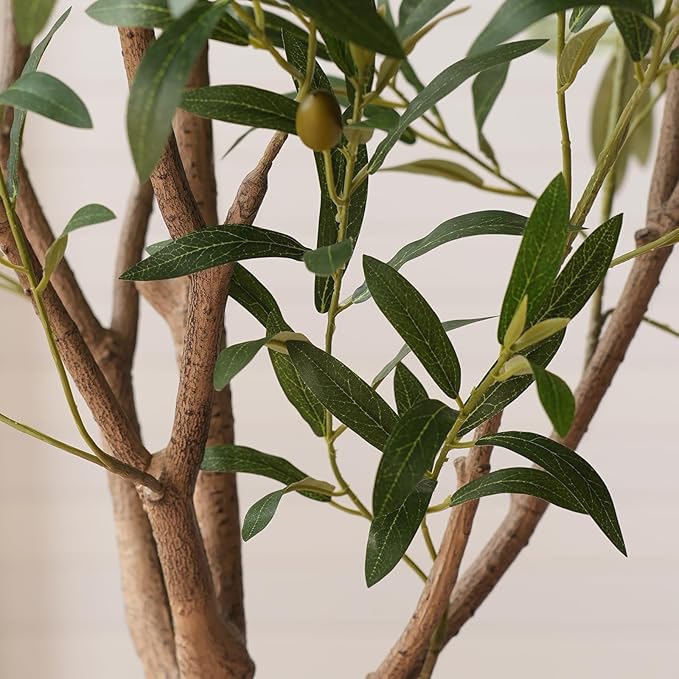 Verinatural Olive Trees Artificial Indoor 5FT - Realistic Fake Plants with Remote LED Spotlights, White Planter - Faux Olive Tree for Home Living Room Office Floor Bedroom Decor,VN214