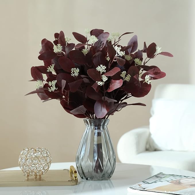 20" Silk Artificial Eucalyptus Stems, 12Pcs Fake Eucalyptus Stem with Leaves Berries, Greenery Plants Floral Decorations for Wedding Party Flowers Arrangement Home Decor (Burgundy)