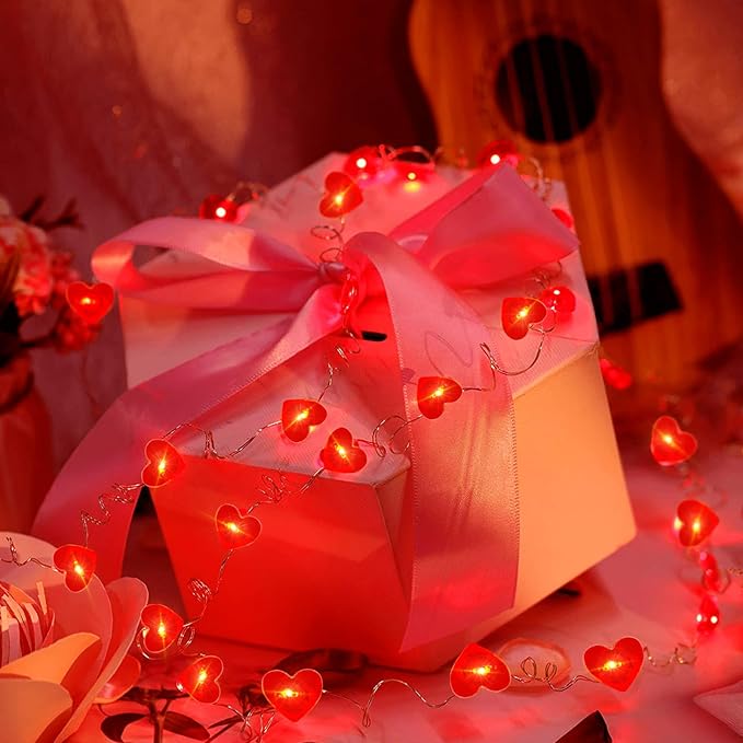 pozzolanas 2 Pack Red Heart Led Fairy Lights Battery Operated String Lights, 7 ft 20 LED Waterproof Firefly Light on Silver Wire for Home Party Wedding Valentines Decorations
