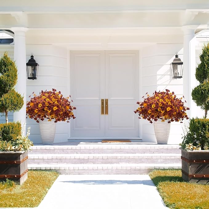 Grunyia 16 Bundles Artificial Fall Mums with Eucalyptus, Faux Daisy UV Resistant Outdoor Decor - Autumn Orange Flowers for Front Door Porch Planter, Patio, Thanksgiving Christmas (Fall Yellow&Red)