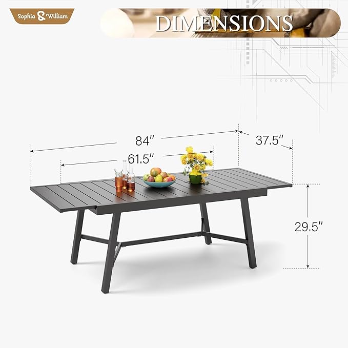 Sophia & William Black Expandable Patio Table Metal Outdoor Dining Table with E-Coating for 6-8 Person Lawn Garden Deck Rectangular Extendable Table