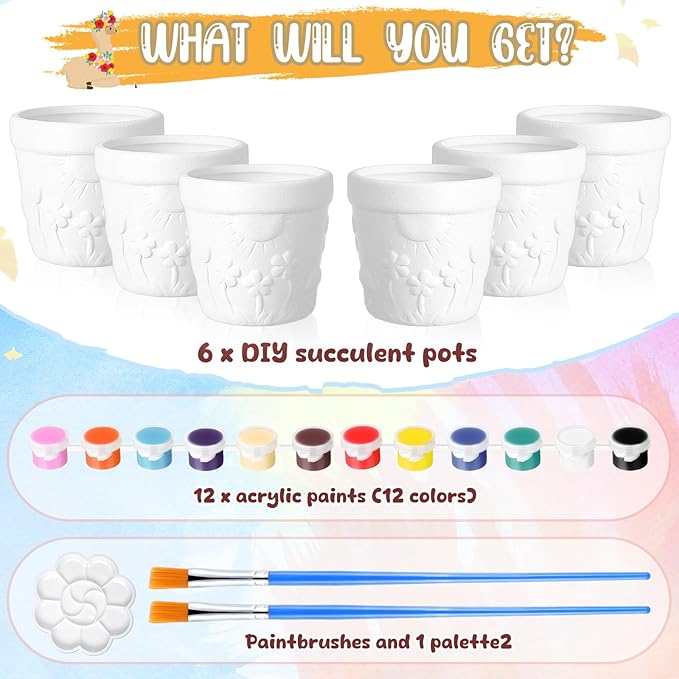 Pasimy 6 Set Ceramics to Paint DIY Ceramic Succulent Planter Pots Paint Your Own Flower Pots Craft Kit Unpainted Bisque Flowerpot with Brush Palette for Family Activity Holiday Gifts(Classic)