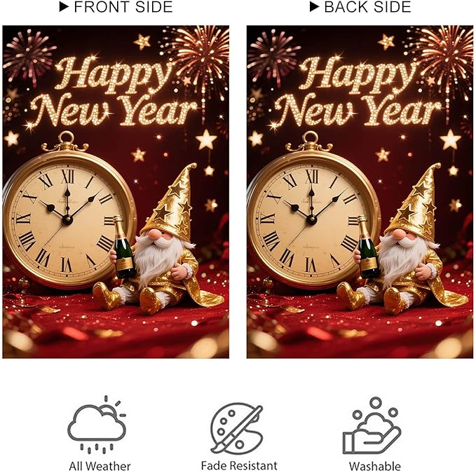 Happy New Year Garden Flag Gold Gnome Banner 12x18 Inch Double Sided Flag Outdoor Yard Decoration with Clock Image for Home Lawn Porch House Seasonal Holiday Garden Flags Outdoor Decor