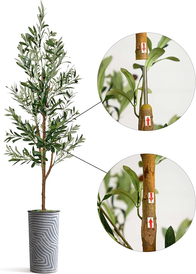 Artificial Tree in Contemporary Geometric Pattern Planter, Fake Olive Silk Tree for Indoor and Outdoor Home Decoration - 68" Overall Tall (Plant Pot Plus Tree)