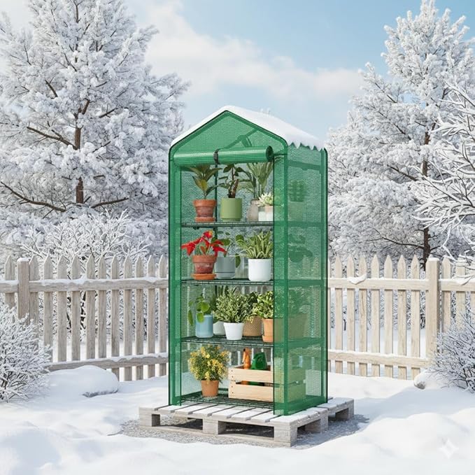 Superlele 4-Tier Mini Greenhouse for Indoor Outdoor, 19.3x27.2x62in Vertical Plant Green House with Adjustable Shelves, Reinforced Green PE Mesh Cover and Zippered Door, Heavy Duty Steel Frame