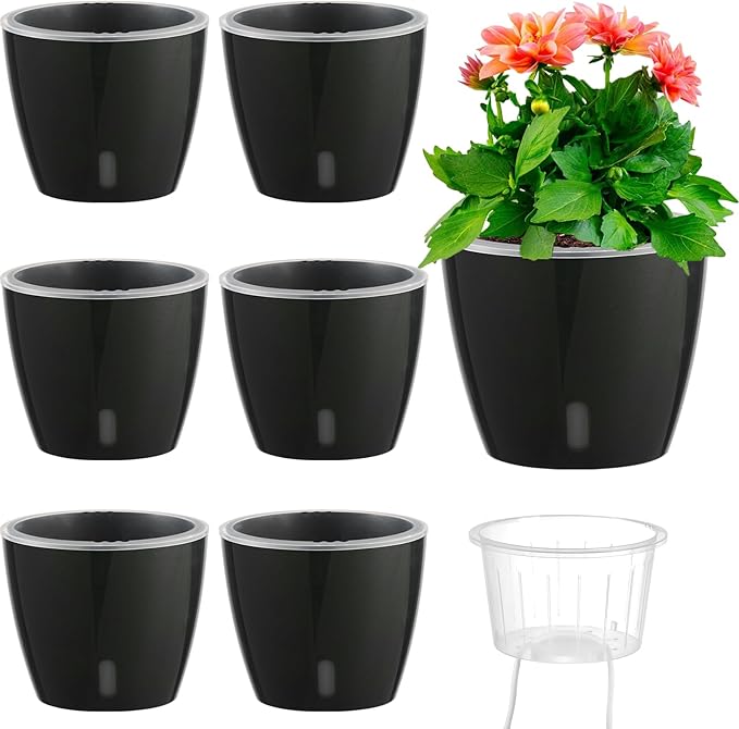 KvyusFlourish Self-Watering Pots for Indoor Plants, 6-Pack 6.7'' Self Watering Planter with Drainage Holes, Small African Violet Pots with Water Indicator, Clear Wick Pot, Black