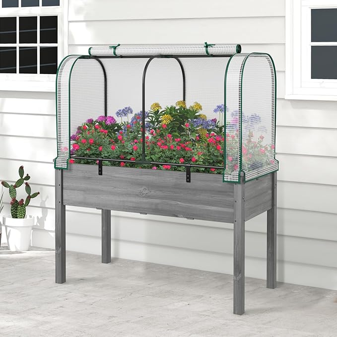 Toolsempire Raised Garden Bed with Greenhouse, Waterproof Sun-Protective Green House with Roll-Up Door & Electroplated Metal Frame, Fir Wood Elevated Planter Box with Drainage Holes(White+Gray)