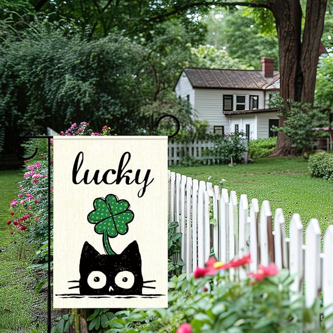 St Patricks Day Garden Flag 12x18 Inch Double Sided,Lucky Shamrocks Cat Outdoor Irish Decor House Porch Flag for St Patrick's Day Party and Yard Decorations