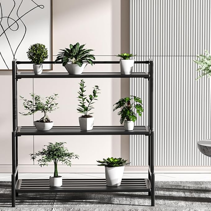 DHYGOTFUR 3-Tier Aluminum Plant Stand Outdoor, Heavy-Duty Metal Tiered Plant Stand, Tall Corner Plant Shelf for Patio, Waterproof Rust-Resistant Plant Rack for Indoor Outdoor Home Garden Decor, Black