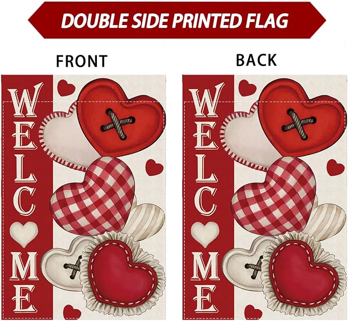 Welcome Valentine’s Day Romantic Love Hearts House Flag Big Large Burlap 28X40 Inch Vertical Double Sided Outside Yard Holiday Outdoor Farmhouse Decoration