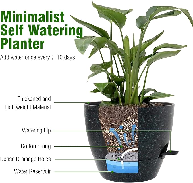 WSMKSZ 12 inch Large Self Watering Pots, Planter, Plant Pots with Mesh Drainage Holes for Indoor Outdoor House Plants and Garden, Plastic Flower Pots with Reservoir, Black with Green Speckles