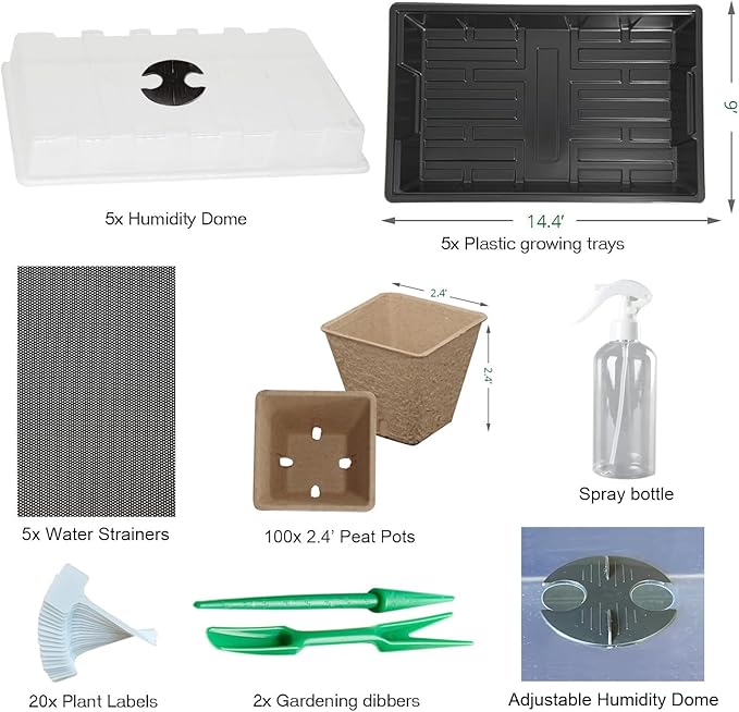 macoya Seed Starter Kit with 100 Peat Pots for Seedlings Seed Starter Tray, 5 Plastic Growing Trays with Water Strainer & Adjustable Humidity Dome Outdoor or Indoor Herb Garden Nursery