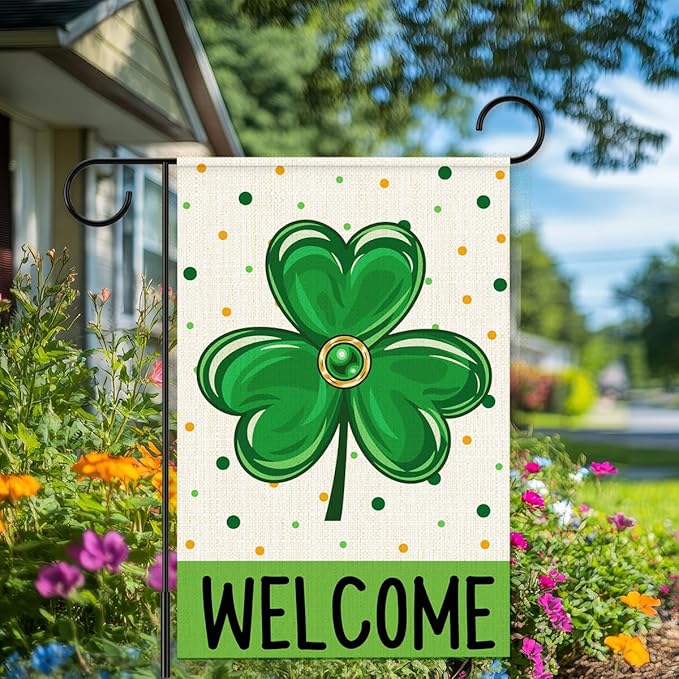St Patricks Day Welcome Garden Flag 12x18 Inch Double Sided,Shamrock Outdoor Irish Decor House Porch Flag for St Patrick's Day Party and Yard Decorations