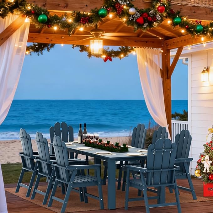 9-Piece Patio Dining Set, Outdoor Dining Set for 8, Large HDPE All-Weather Outdoor Furniture with 89.57” Umbrella Hole Table, 8 Armchairs, Navy