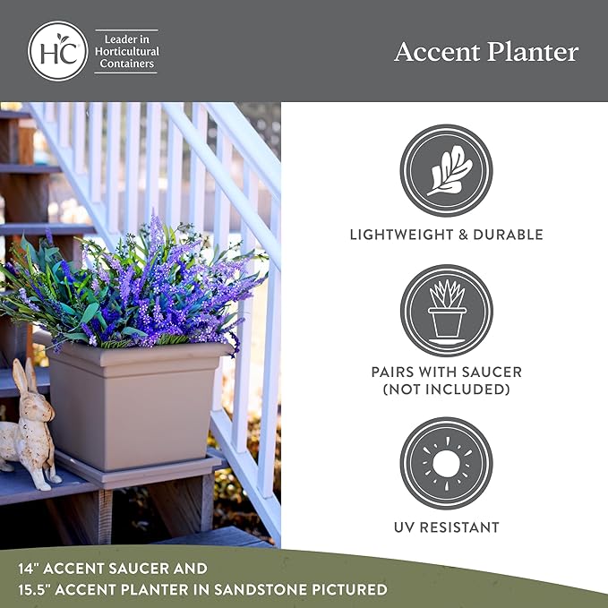 The HC Companies 15.5 Inch Accent Square Plant Pots with Drainage, Lightweight UV-Resistant Plastic Planters for Indoor & Outdoor Plants, 2-Pack Flower Pots for Garden, Office & Home Decor, Warm Gray