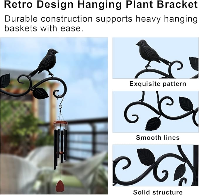 JIALAI HOME Hanging Plants Bracket 12" Bird Planter Outdoor Hooks Hangers for Flower Baskets Pot Bird Feeder Wind Chimes Lanterns Patio Garden Outdoor Indoor Metal Black, 4 Packs