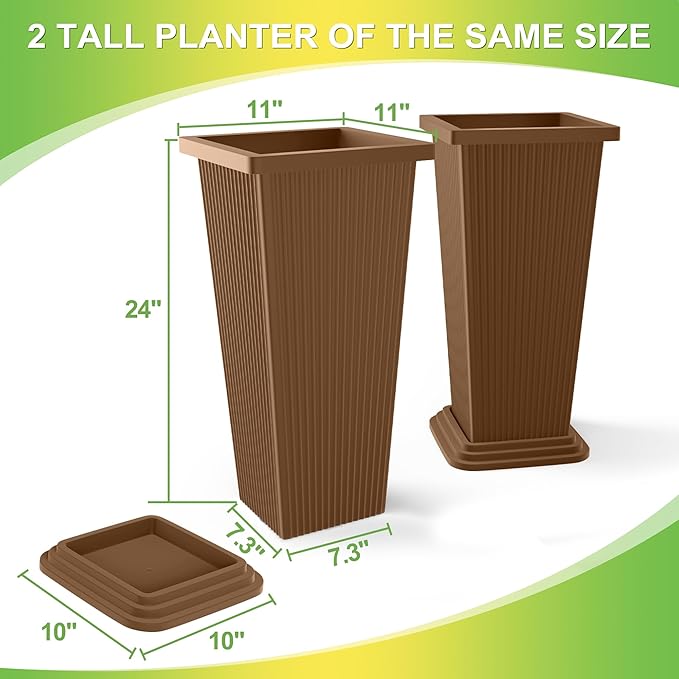 TUYOHW Set of 2 Tall Planters, 24" Large Indoor Outdoor Flower Pots with Tray, Modern Tapered Planters for Porch, Patio, Garden, Backyard
