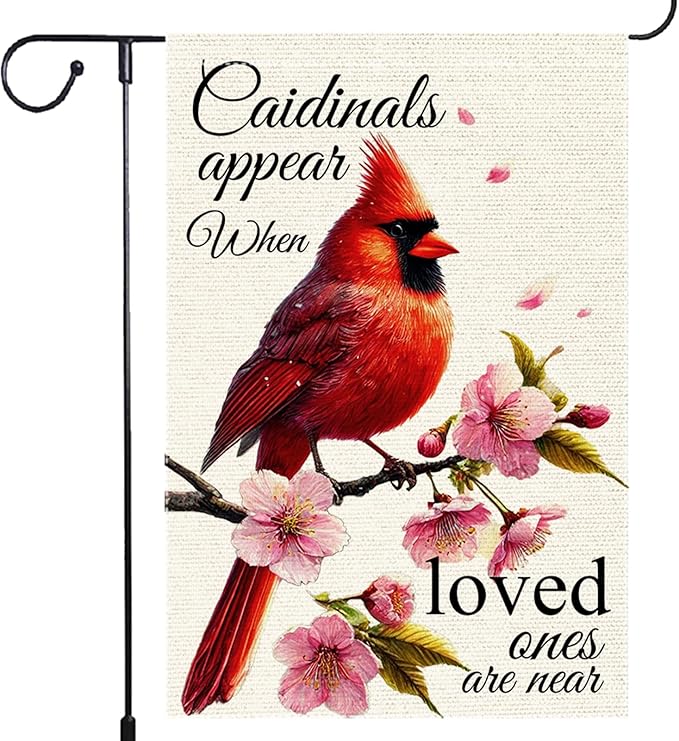 Spring Cardinal Garden Flag 12x18 Inch Double Sided Small Burlap Outdoor Yard Lawn Peach blossom Rustic Farmhouse Seasonal Wildflowers Anniversary Flags Decorations