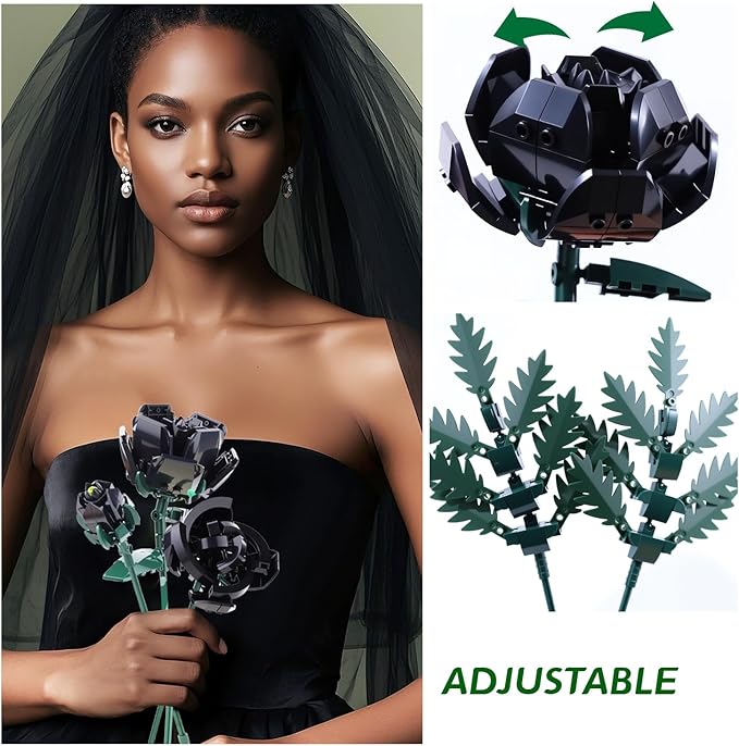 SIENON Black Rose Bouquet Building Set-10pcs Black Roses & 2pcs Leaves Botanical Collection, Artificial Flowers for Gothic Home Halloween Décor Women Gothy Teens (No Vase)