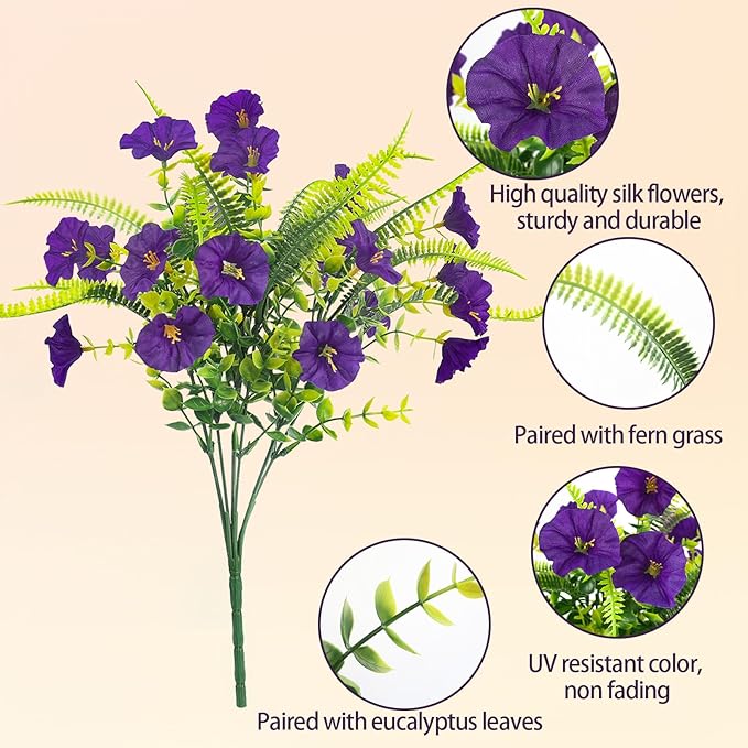 HIAGROW Artificial Flowers Outdoors 12 Bundles Artificial Petunias Fake Flowers UV Resistant Shrubs Plants with Fern for Indoor Outside Hanging Planters Home Garden Summer Decorations (Purple)
