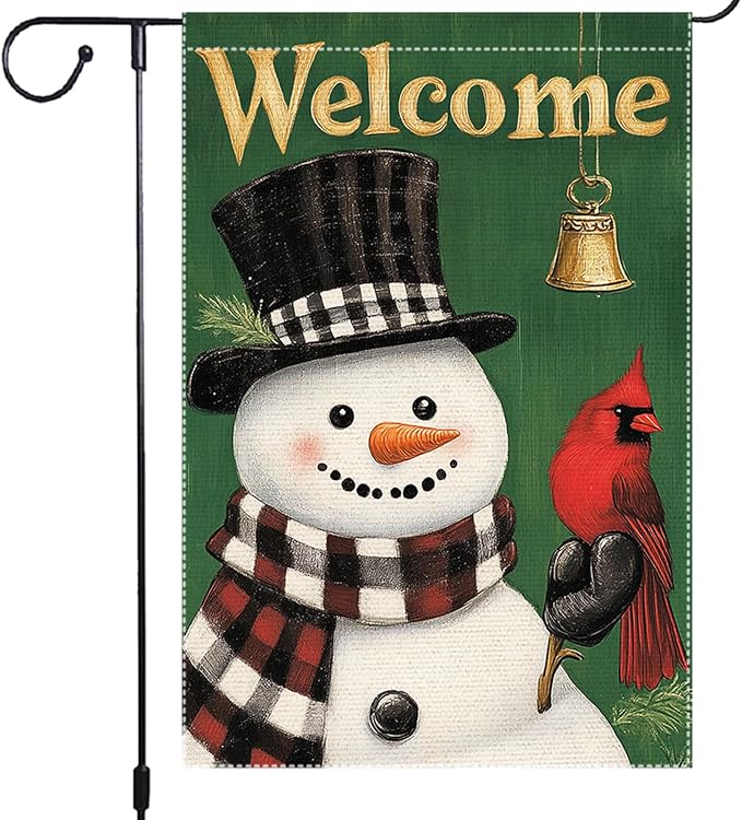 Welcome Snowman Garden Flag Double Sided 12x18 Inch Burlap Winter Outdoor Yard Decoration with Cardinal Bird and Bell Christmas Holiday Decor