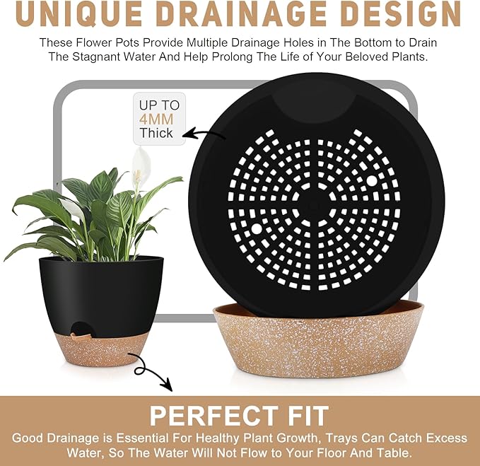 YNNICO 12" 10" 9" Large Self Watering Plant Pots, 3 Pack Flower Pots Planters with Multi Mesh Drainage Holes for Indoor Outdoor Garden Plants and Flowers (Black)